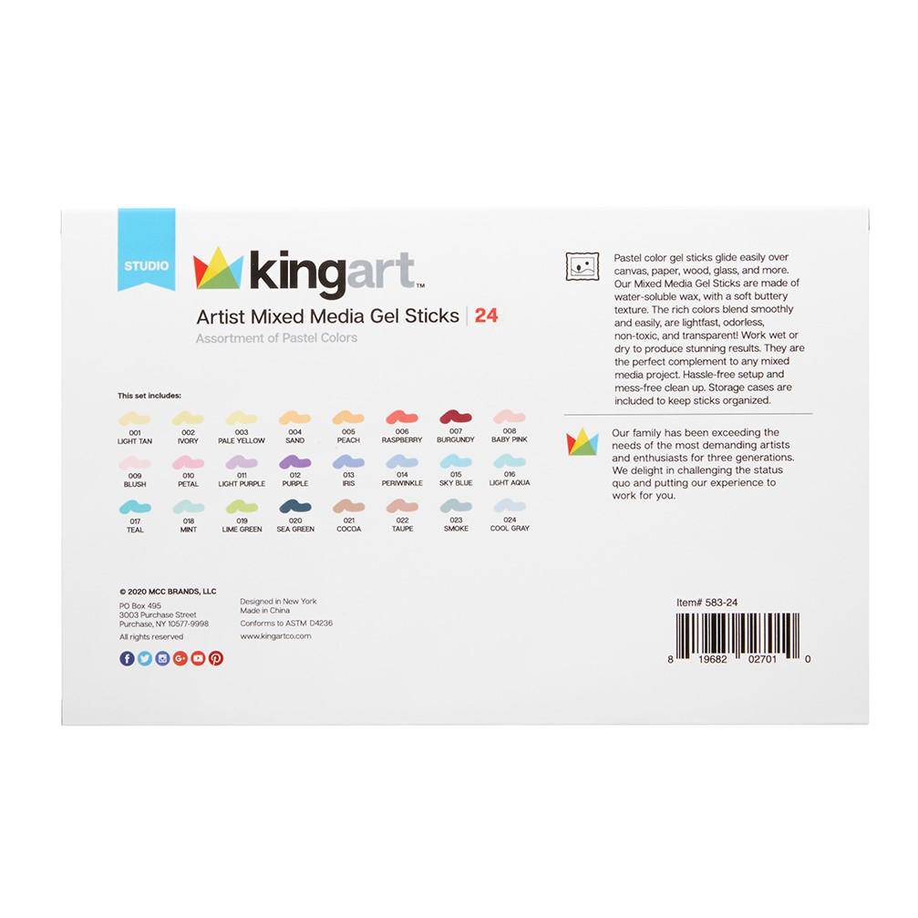 KINGART Mixed Media Gel Stick Crayons, 24 Pastel Colors, color swatches