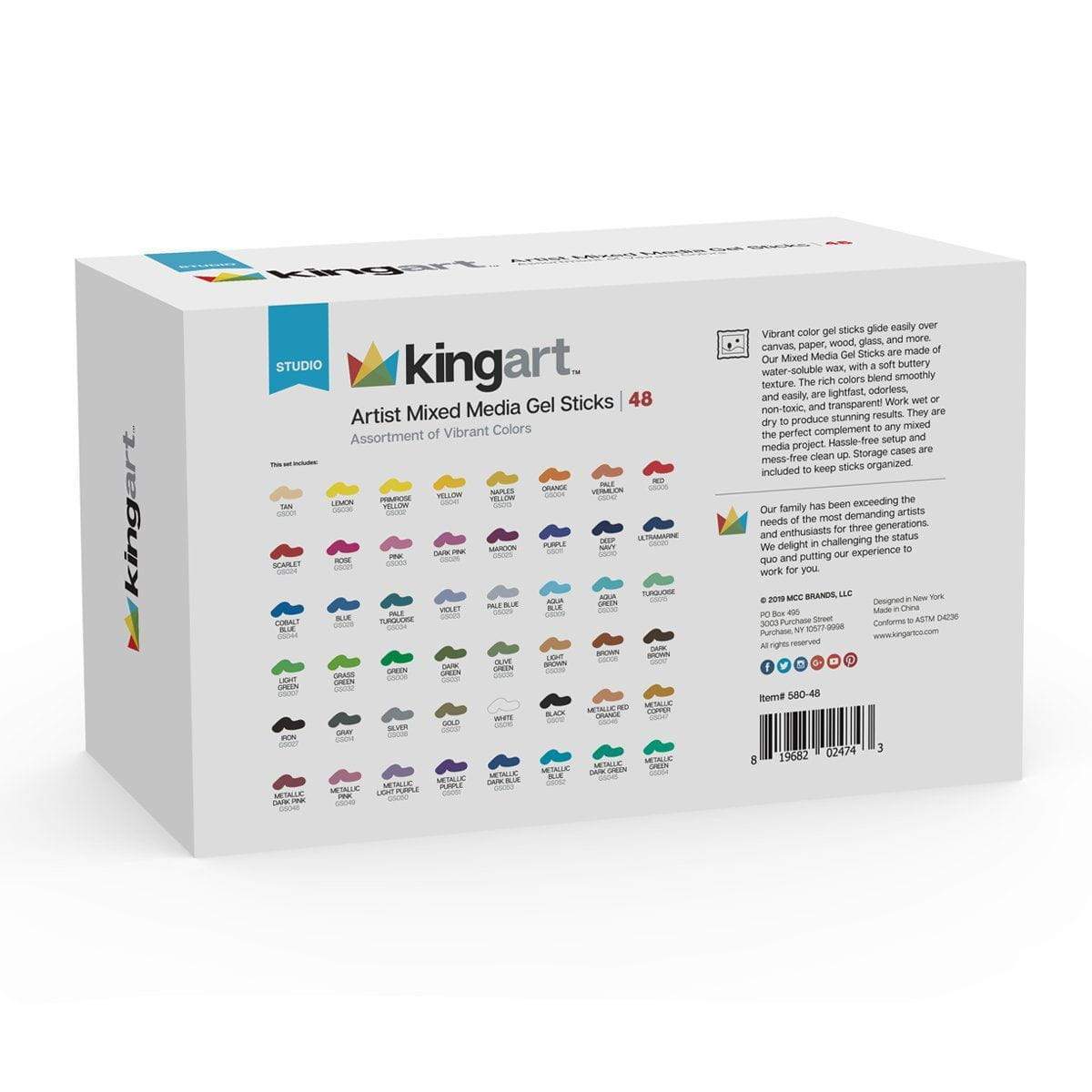 KINGART Mixed Media Gel Stick Crayons, 48 Colors, color swatches