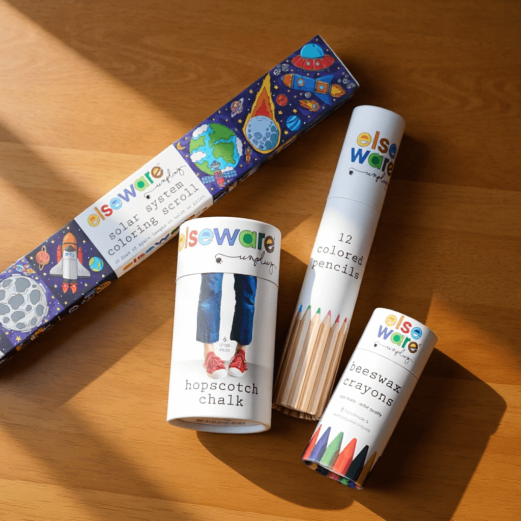 Elseware Unplug Outdoor Art Bundle, Chalk, Beeswax Crayons & Coloring Scroll, styled at home